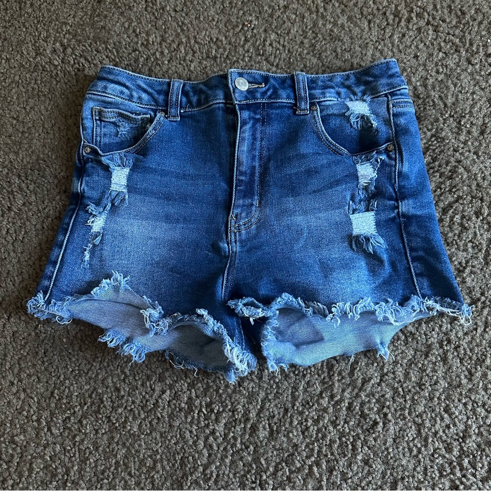 Wax Jeans,High Waist Stretchy Jean Short Medium Wash Distressed Raw,Size 9